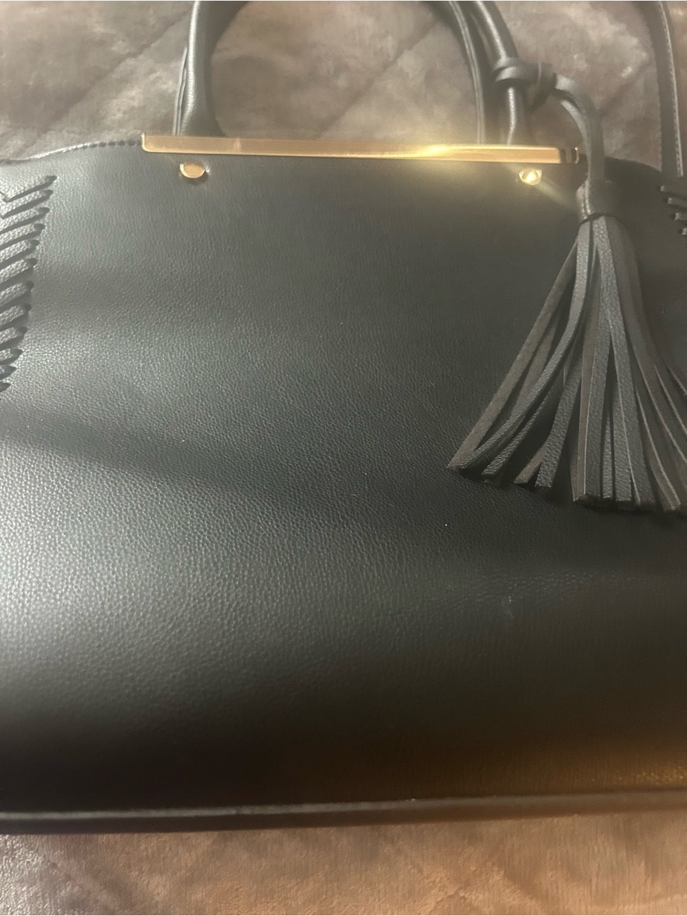 Structured Black Leather Tassel Satchel Handbag